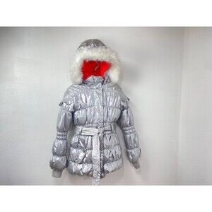 Route 66 Girls Silver Faux Fur Hood Puffer Jacket Med 7/8 Tie Belt Pockets